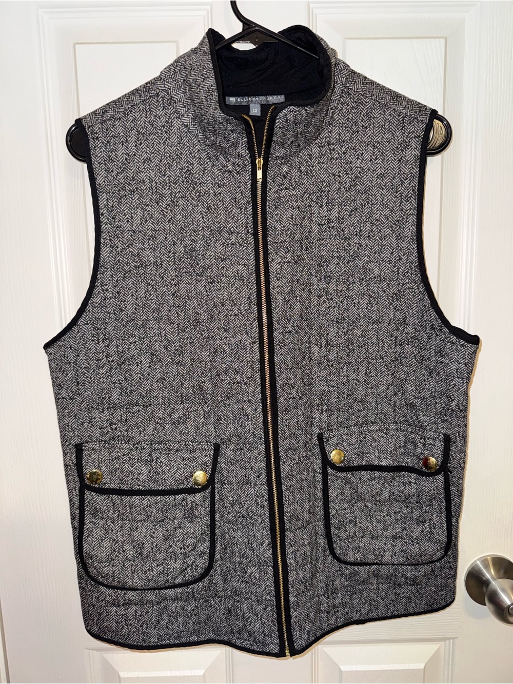 Elliott Lauren Black Trim Gray Herringbone Zip Vest